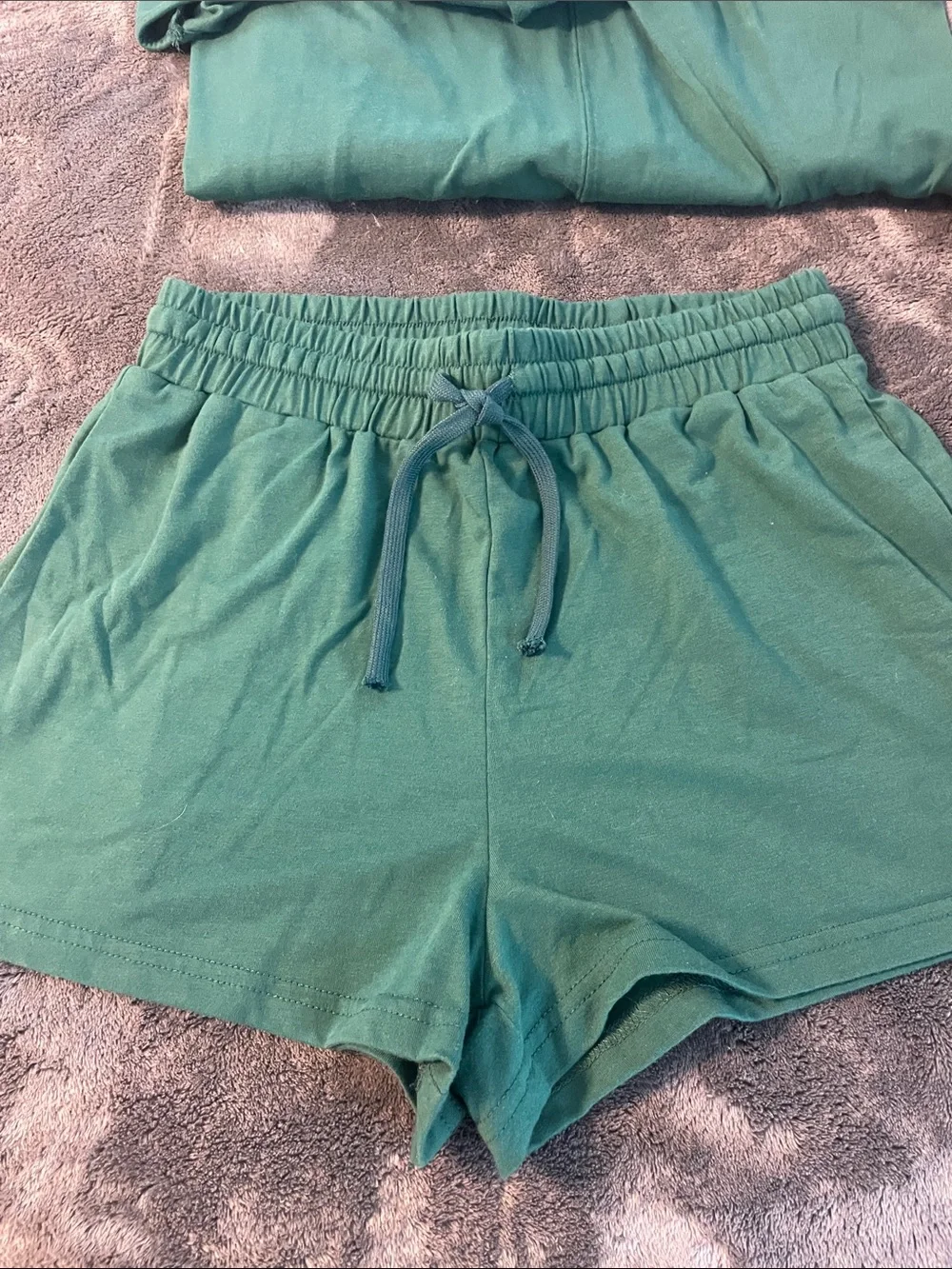 Casual Deep-Green V-Neck Matching Set